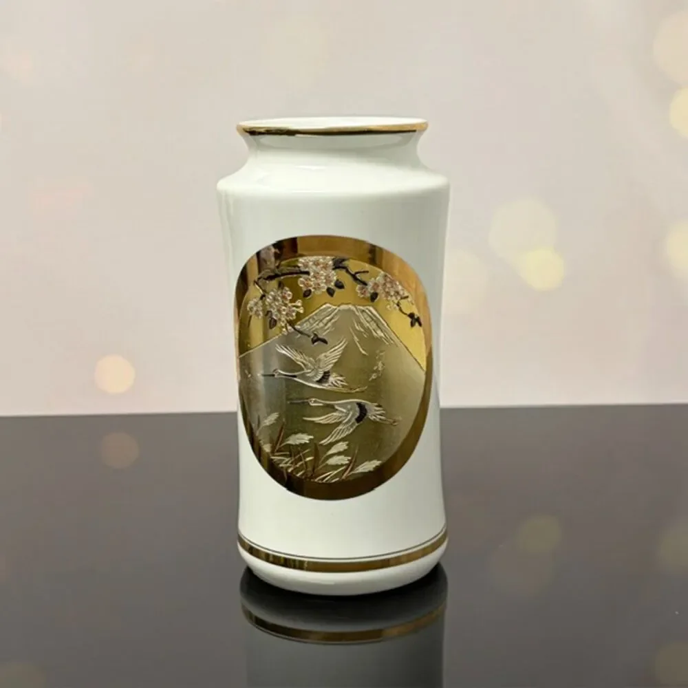 The Art of Chokin Porcelain Vase Cranes Mt Fuji Gold Silver Japan 7